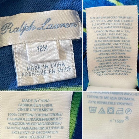 Ralph Lauren Baby Girl Striped Dress 12M Cotton Ruffle Hem Blue and Green - Picture 3 of 5